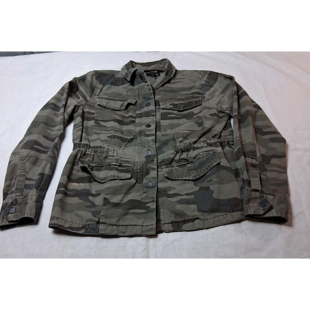 A.N.A Womens Camo Cargo Utility Jacket SZ S Zip Snap Cinched Waist Military FLAW